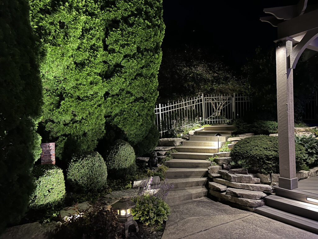 outdoor-lighting-illuminating-landscaped-steps-and-shrubs-creating-a-warm-inviting-atmosphere-in-a-nighttime-setting