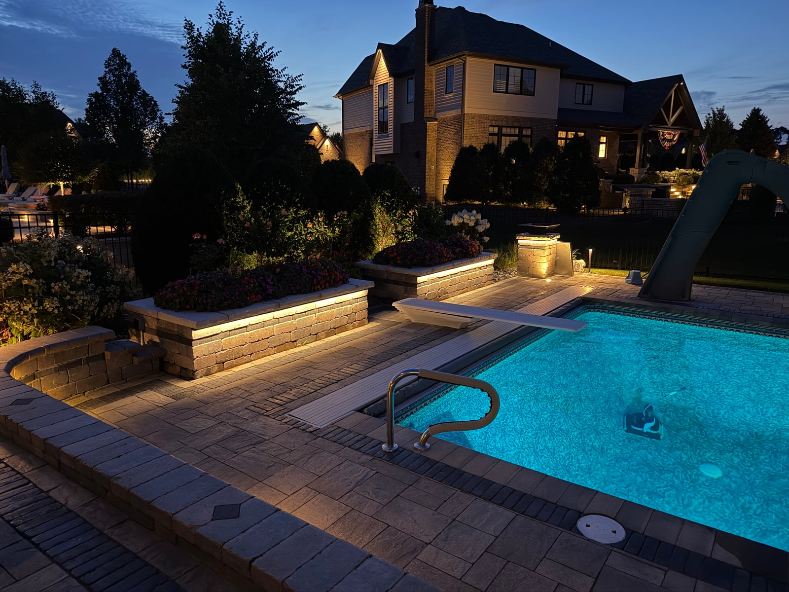 Outdoor poolside linear LED accent lighting installation